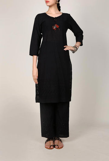 Black Chikankari Kurta With Tassel